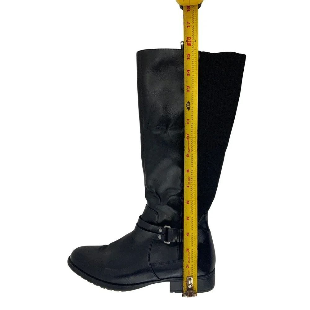 Womens Black Knee High Boots Ribbed Knit Back Side Zip Buckle Detail‎ Flat Heel